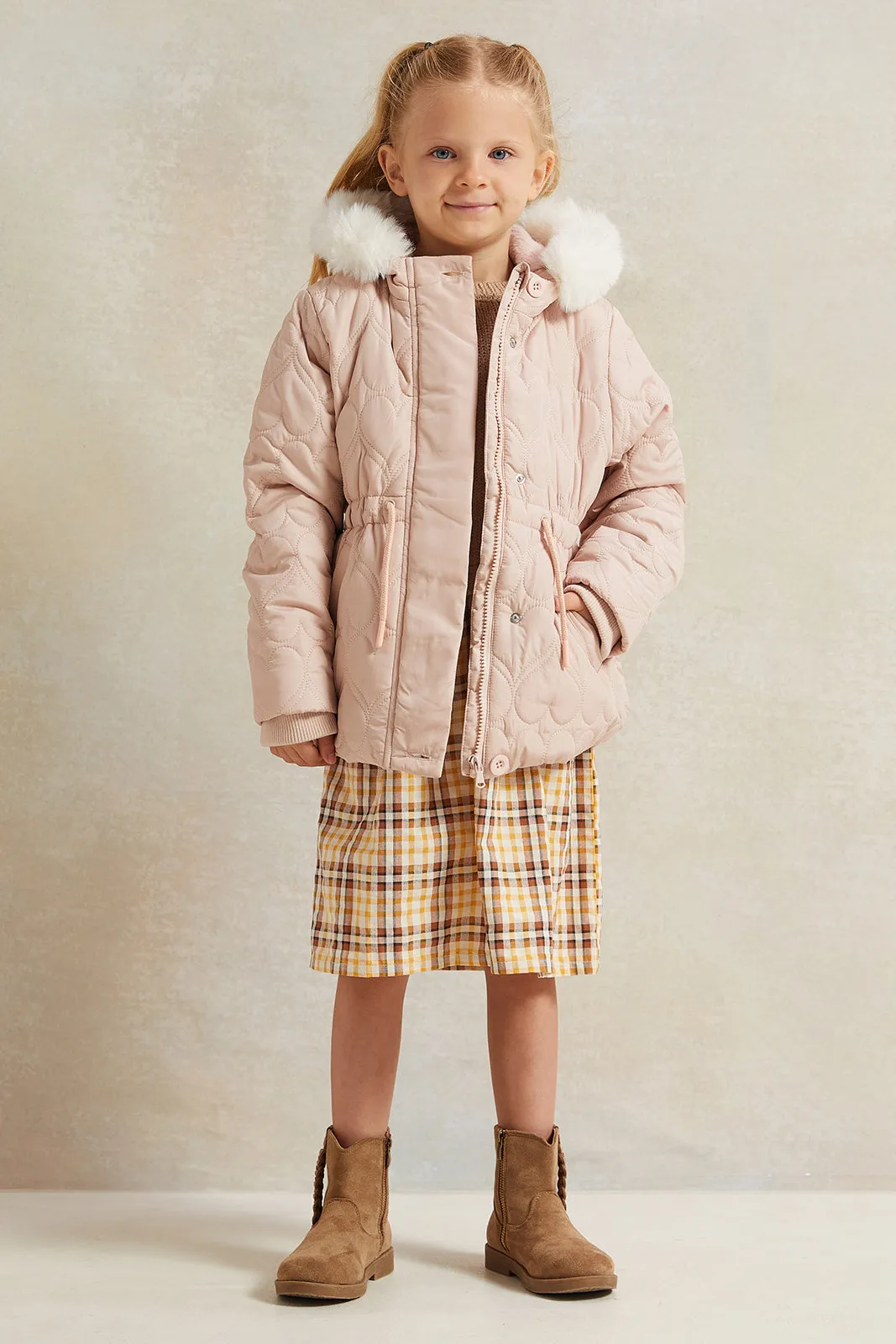 Girls Pink Long Jacket Sherpa Hooded