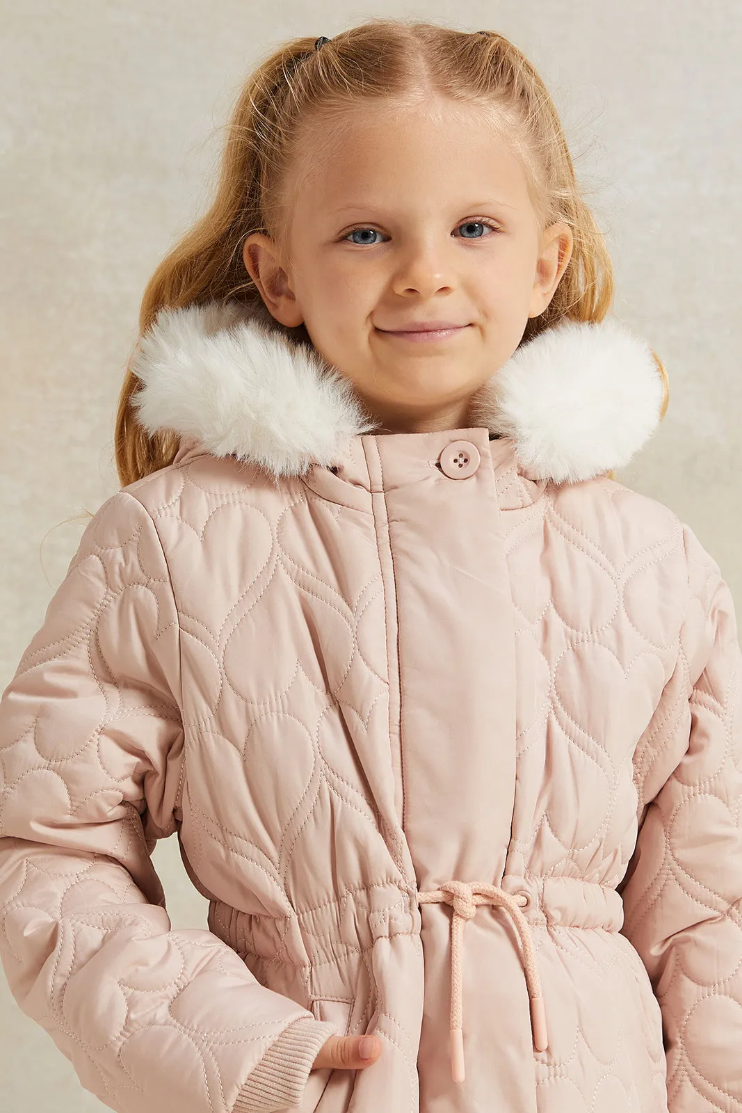 Girls Pink Long Jacket Sherpa Hooded