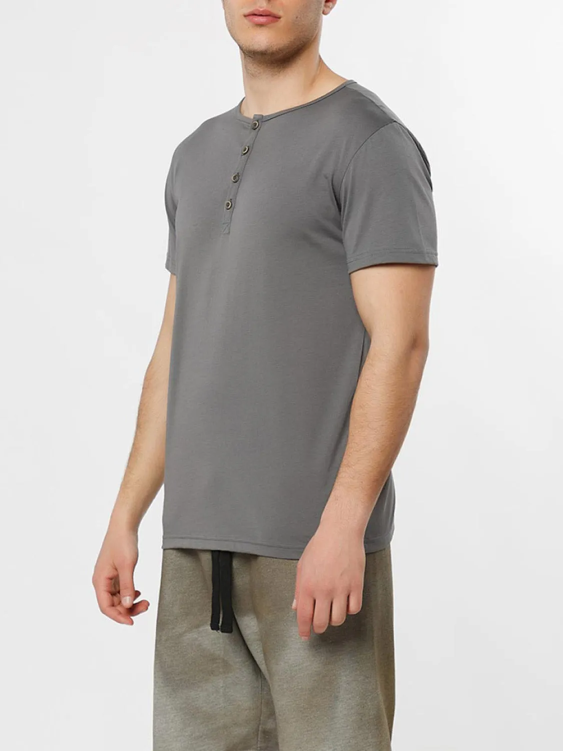 Grandad Collar Organic Cotton T-shirt Light Grey