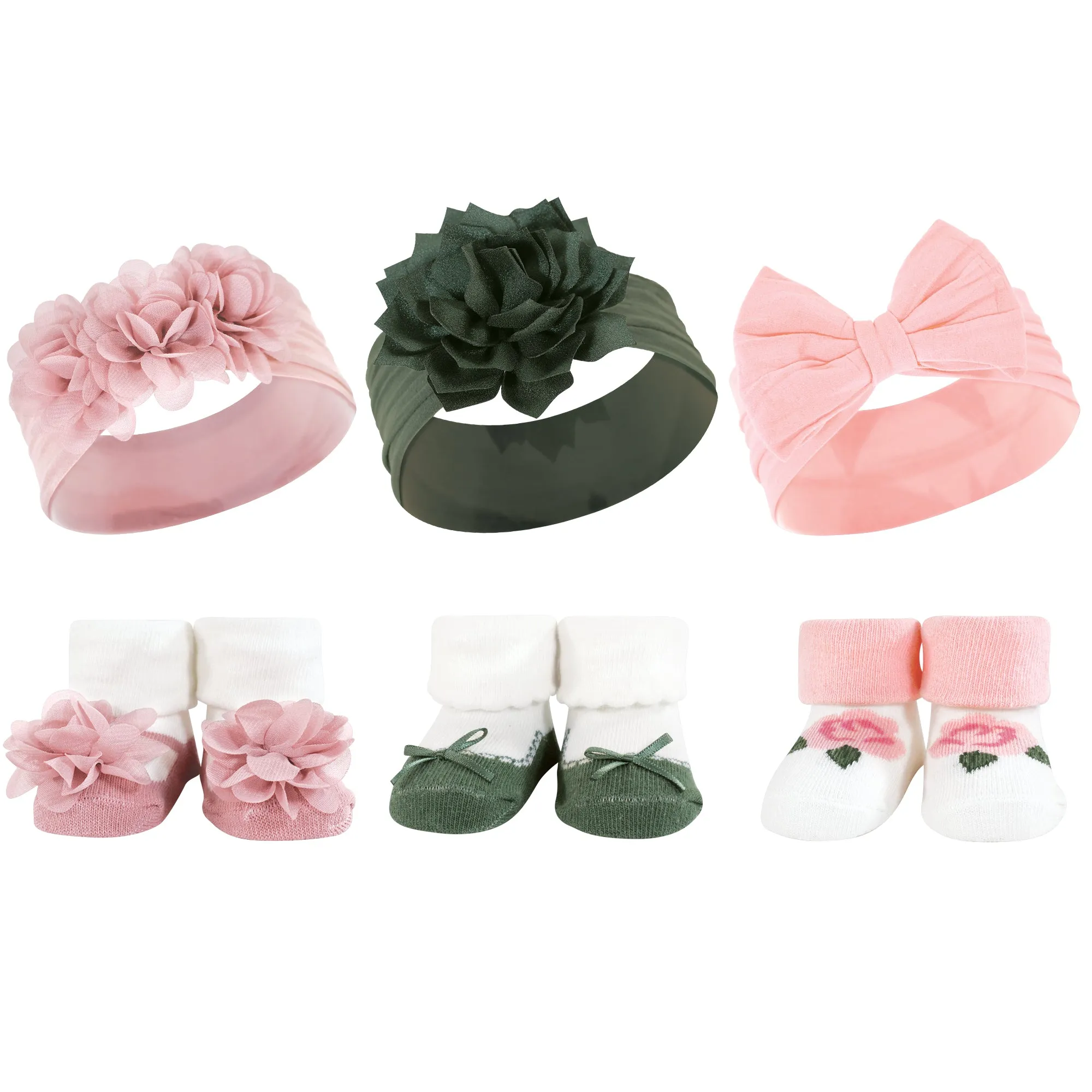 Hudson Baby Headband and Socks Giftset, Pink Green