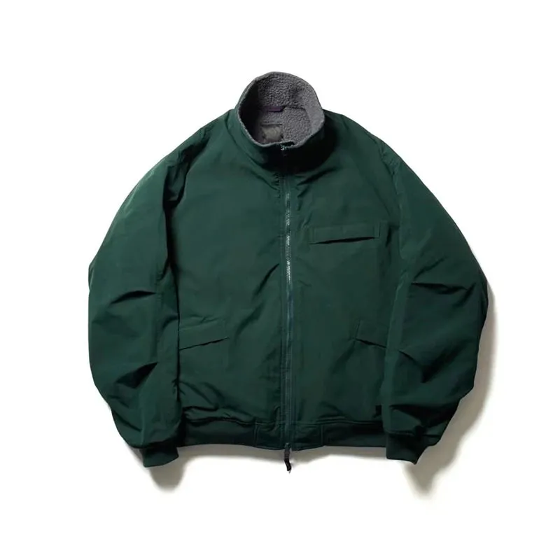 Japanese Vintage Stand Collar Fleece Jacket - Men's Loose Dark Green Black Coat