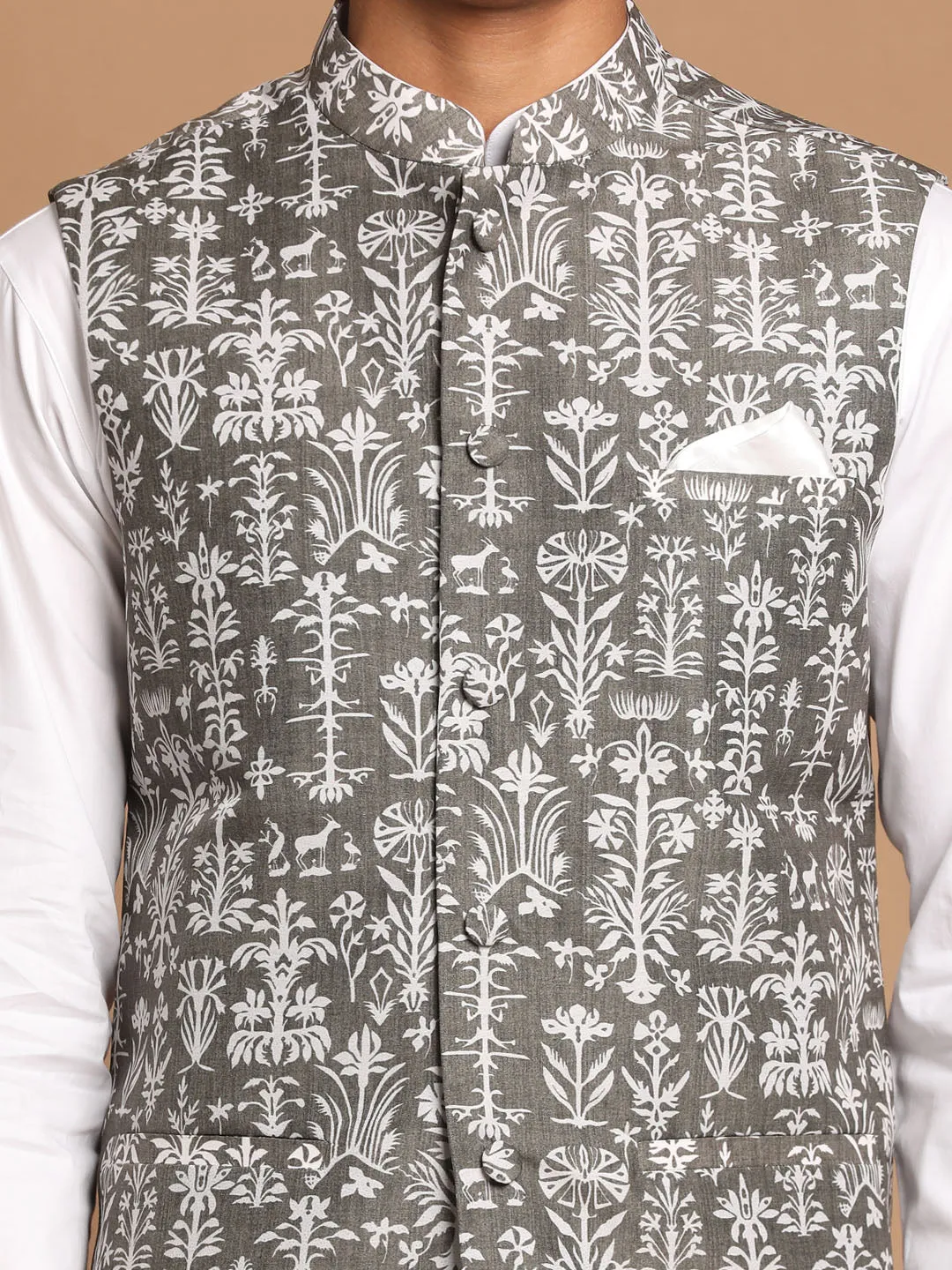 Jashvi Men's Mehendi Green Printed Nehru Jacket With White Solid kurta & Pant Set