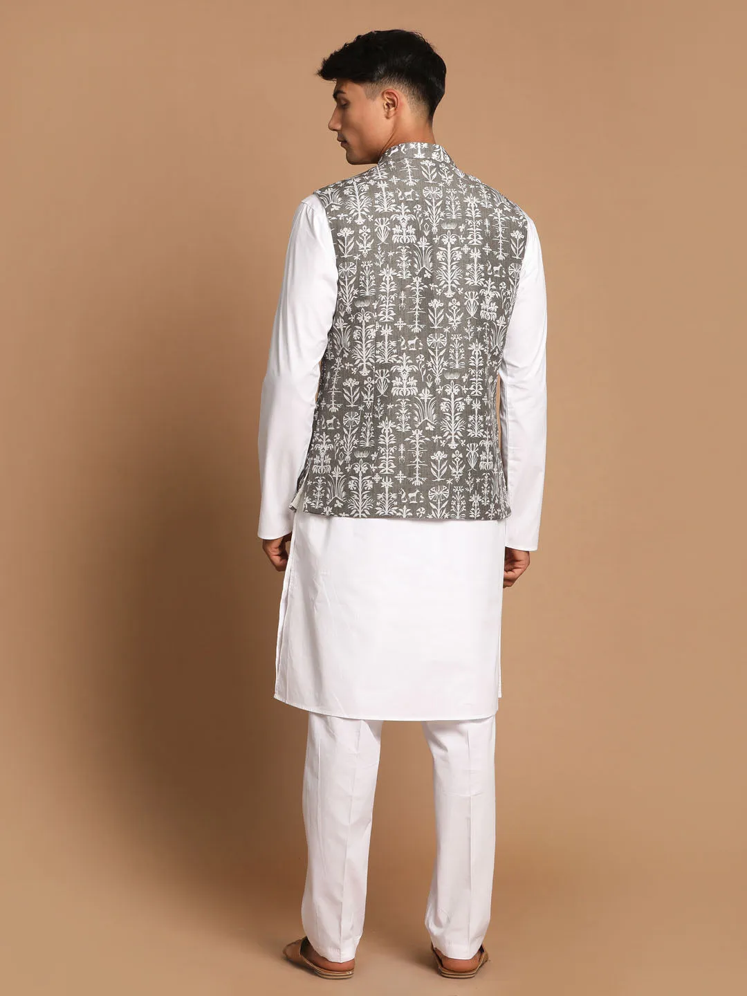 Jashvi Men's Mehendi Green Printed Nehru Jacket With White Solid kurta & Pant Set