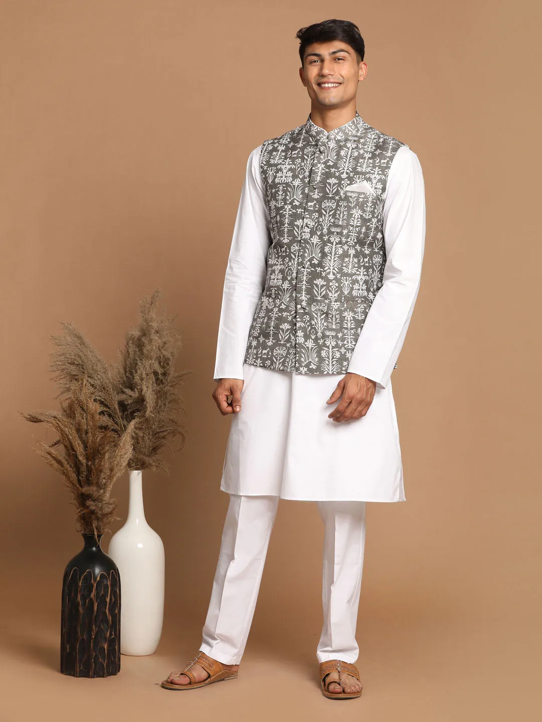 Jashvi Men's Mehendi Green Printed Nehru Jacket With White Solid kurta & Pant Set