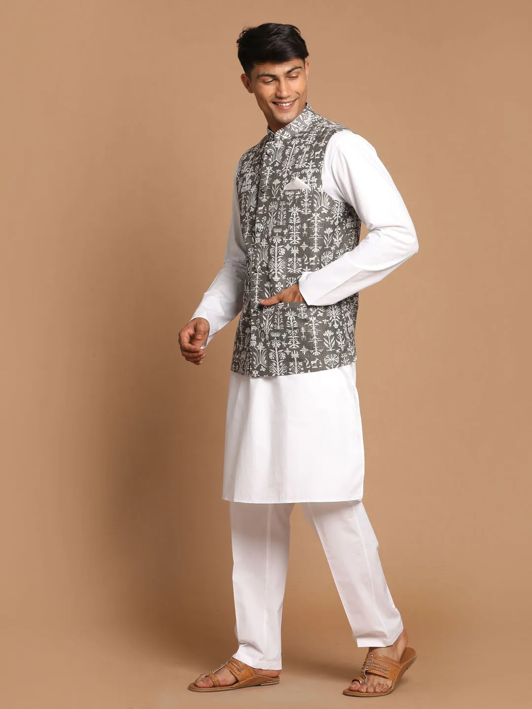 Jashvi Men's Mehendi Green Printed Nehru Jacket With White Solid kurta & Pant Set