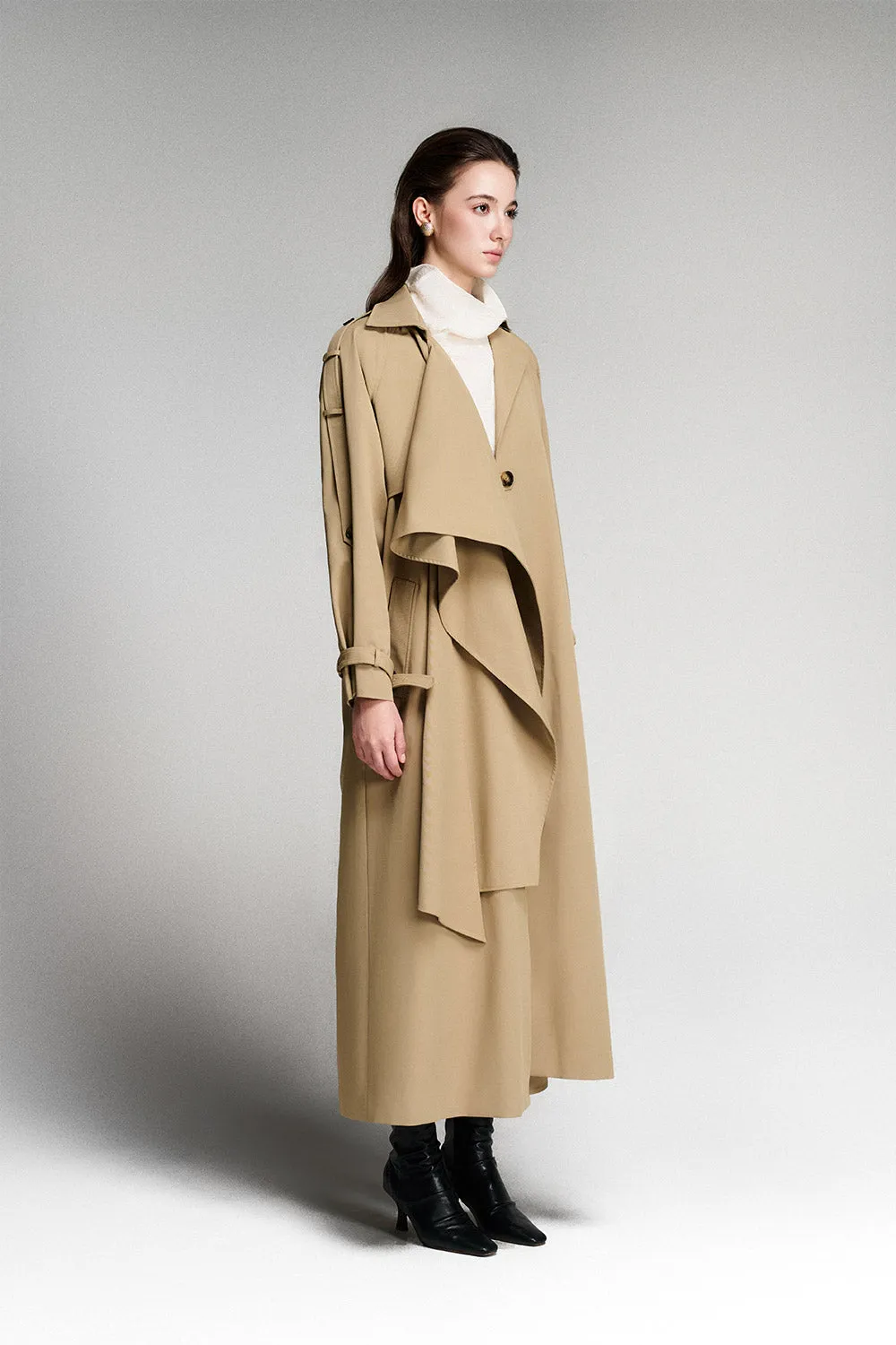 Julianna A-line Cape Shoulder Khaki Midi Trench Coat