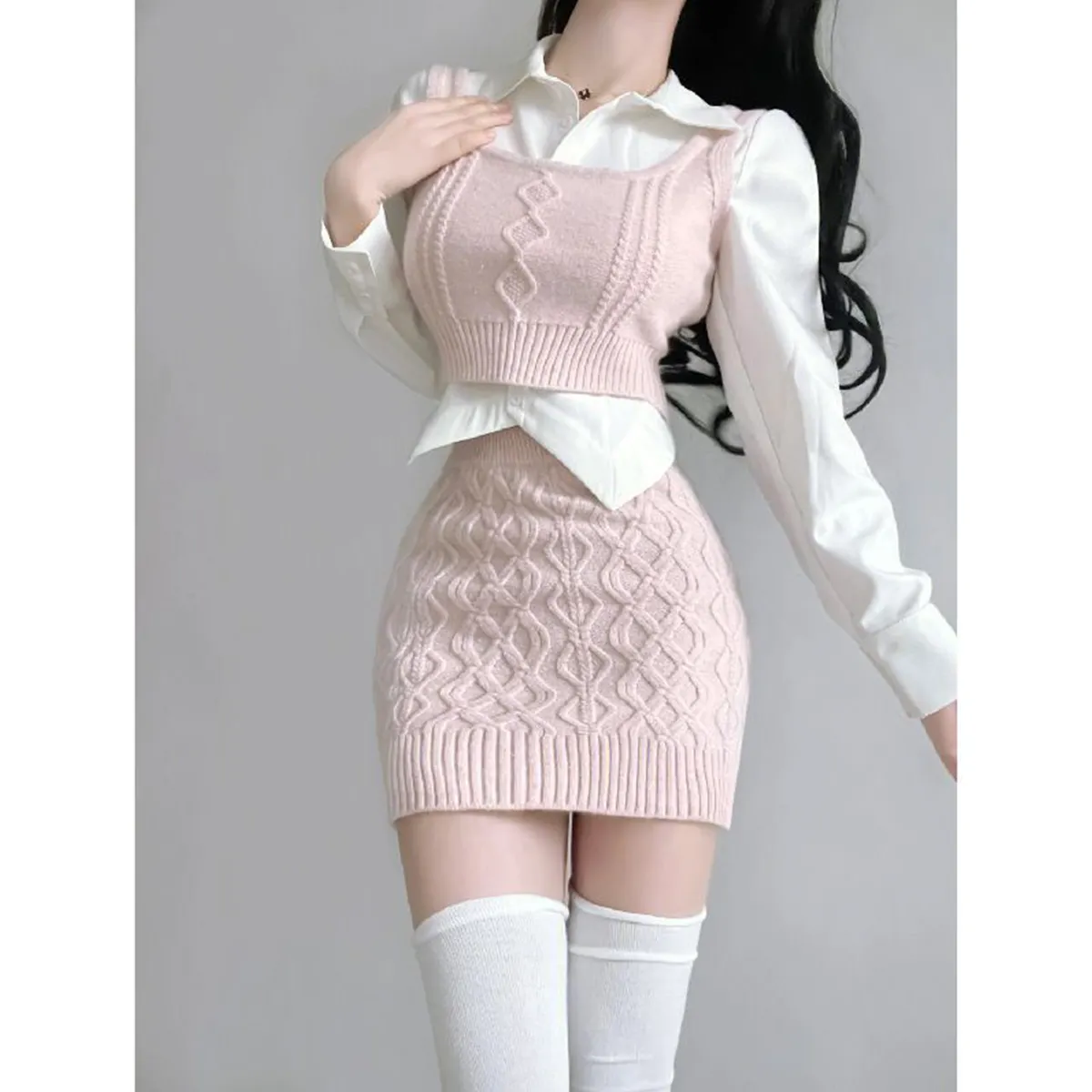 Korean Niche Shirt Layered Sweater Vest   Hip Skirt Suit Three-Piece Set