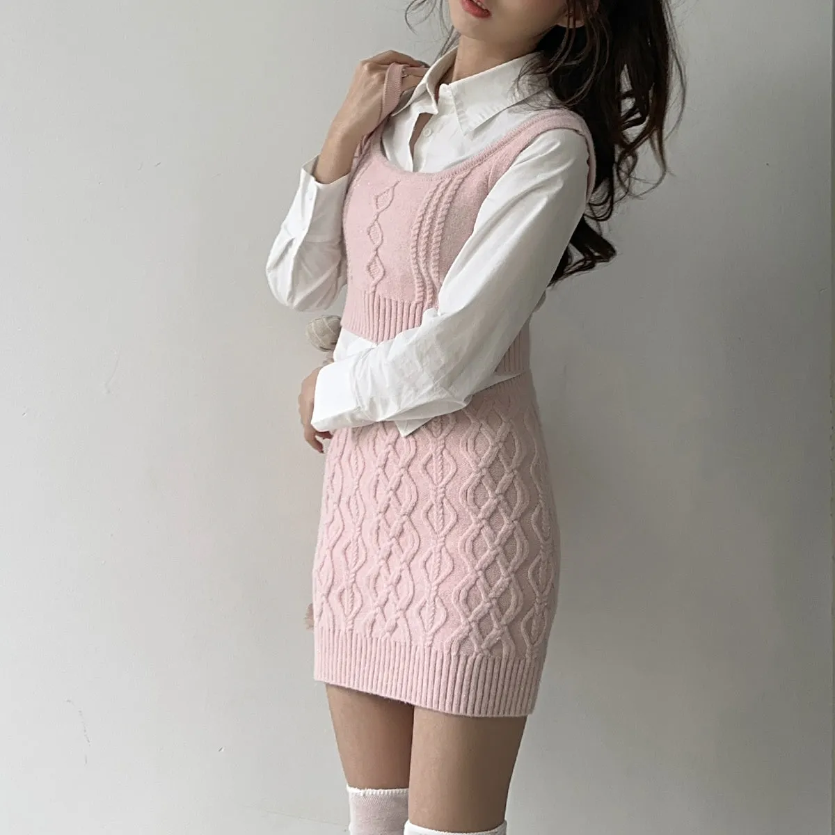 Korean Niche Shirt Layered Sweater Vest   Hip Skirt Suit Three-Piece Set