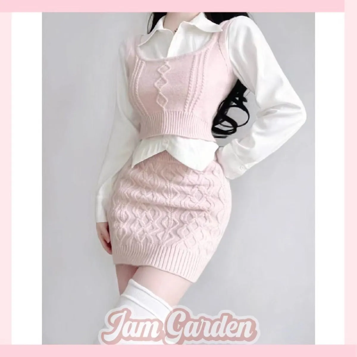 Korean Niche Shirt Layered Sweater Vest   Hip Skirt Suit Three-Piece Set