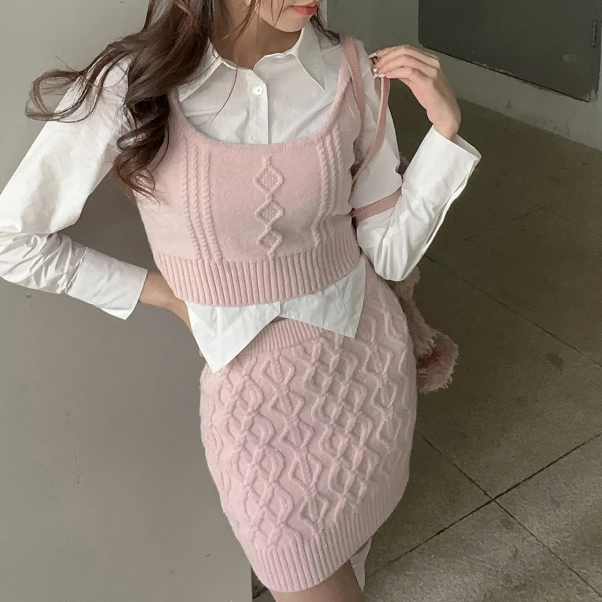 Korean Niche Shirt Layered Sweater Vest   Hip Skirt Suit Three-Piece Set