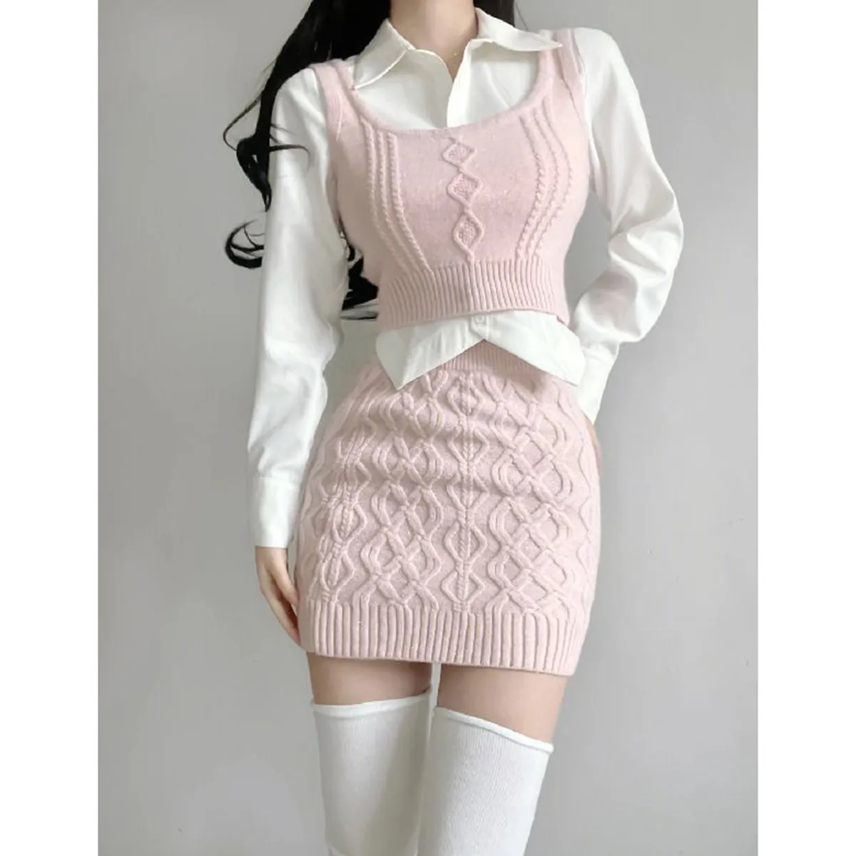 Korean Niche Shirt Layered Sweater Vest   Hip Skirt Suit Three-Piece Set