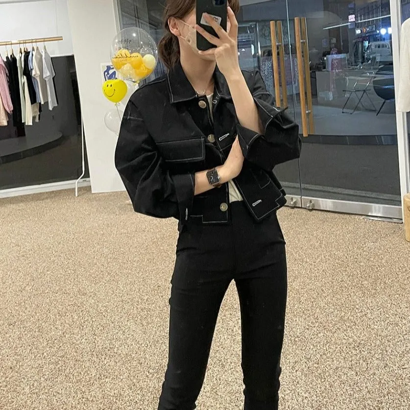 [Korean Style] Black White Cropped Pocket Jacket