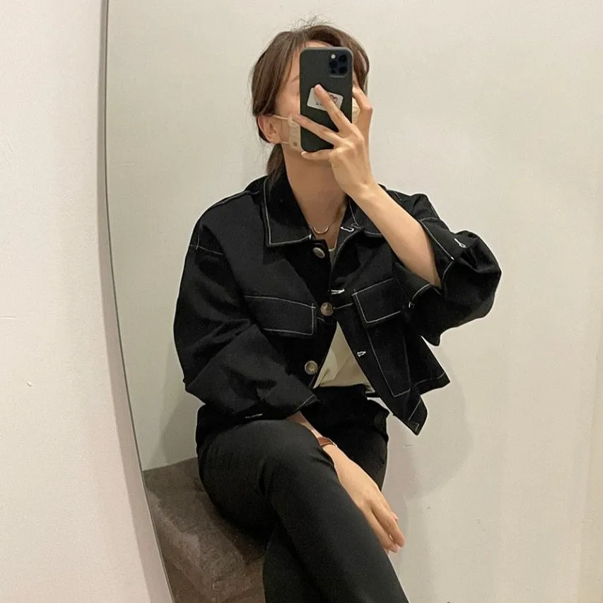 [Korean Style] Black White Cropped Pocket Jacket