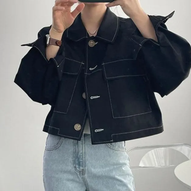 [Korean Style] Black White Cropped Pocket Jacket