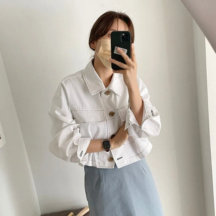 [Korean Style] Black White Cropped Pocket Jacket