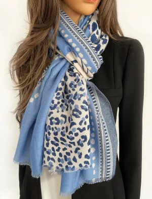 LARGE BABY BLUE TIGER AND LEOPARD PRINT SHAWL SCARF