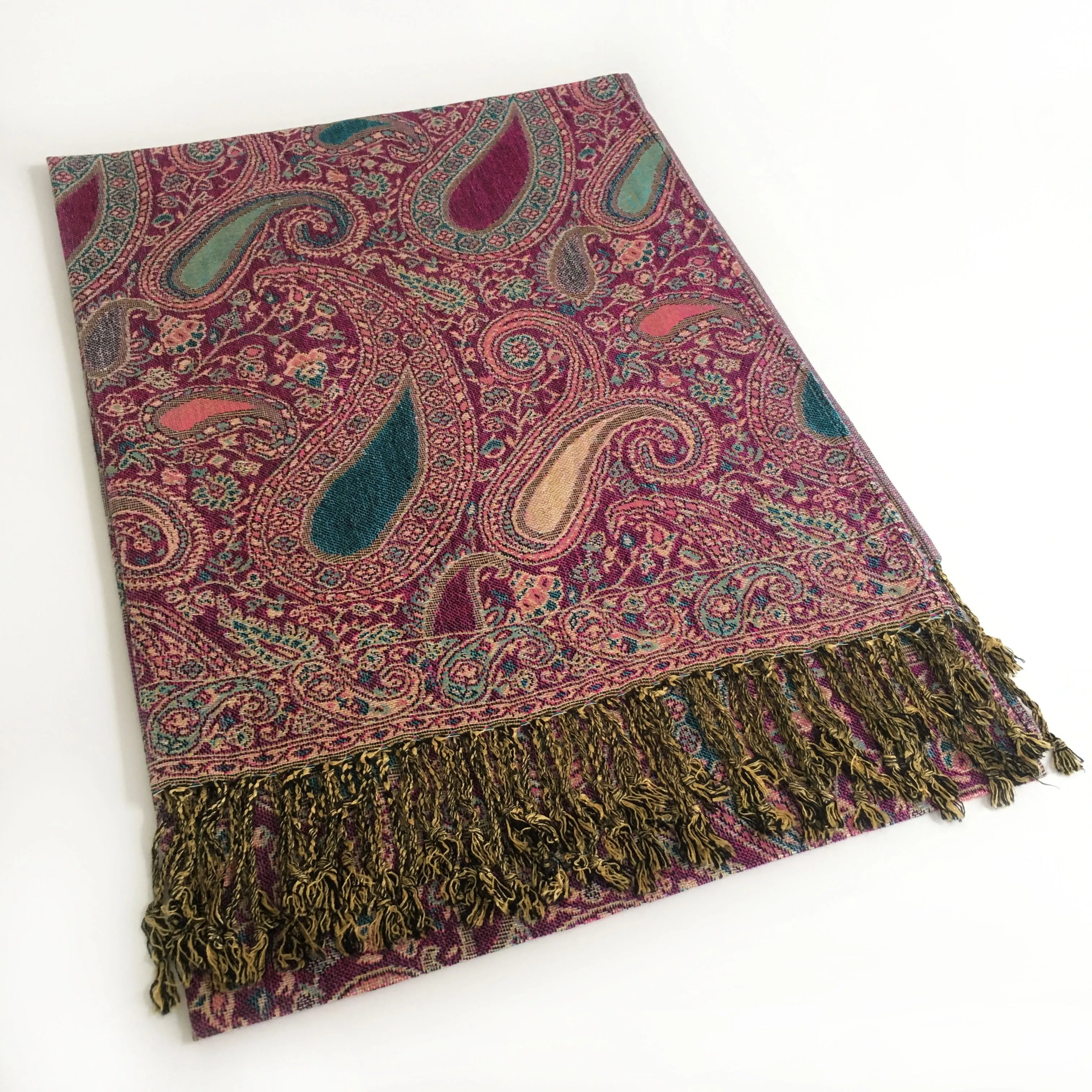 LARGE FUSCHIA PINK MULTI COLOUR PAISLEY PRINT PASHMINA SHAWL SCARF