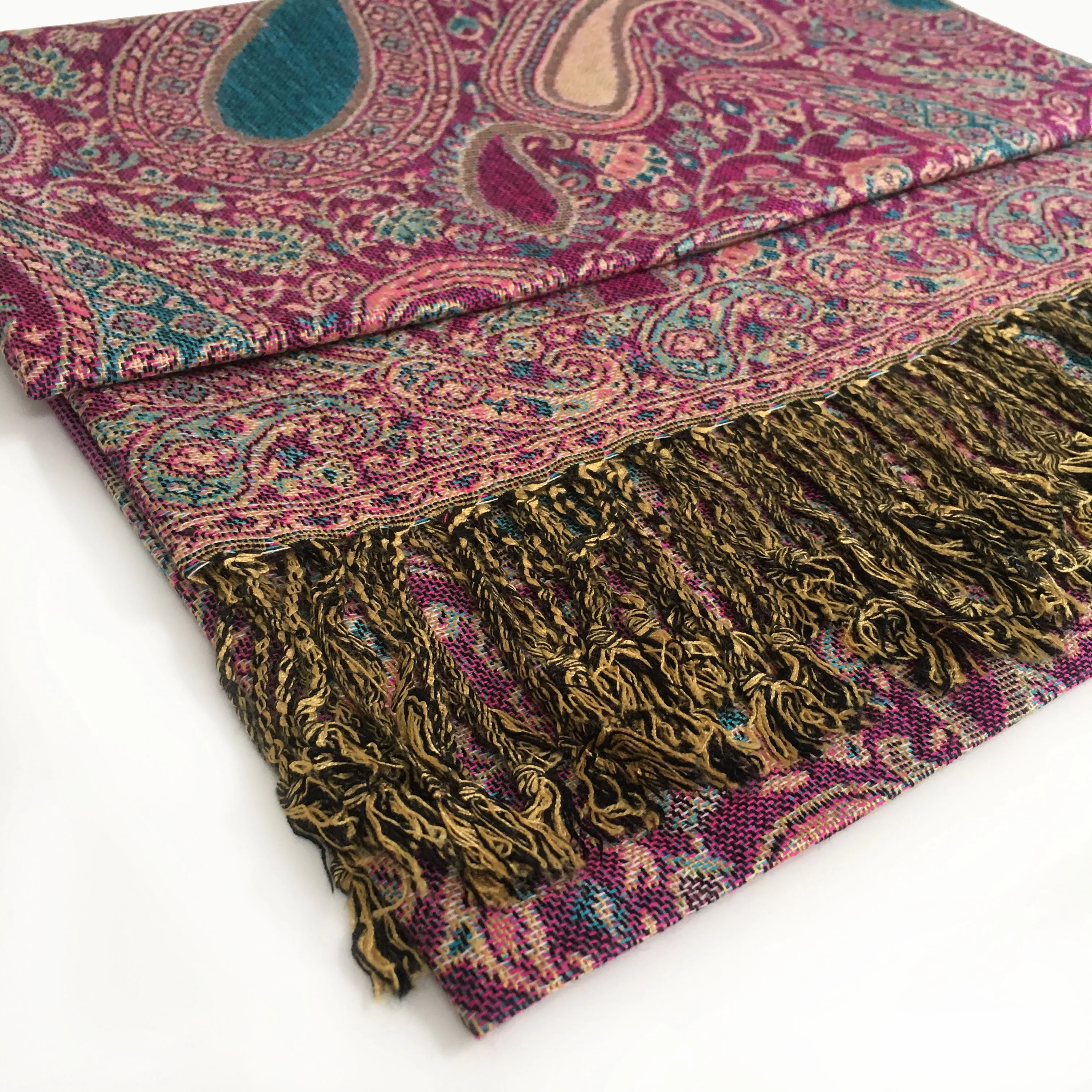 LARGE FUSCHIA PINK MULTI COLOUR PAISLEY PRINT PASHMINA SHAWL SCARF