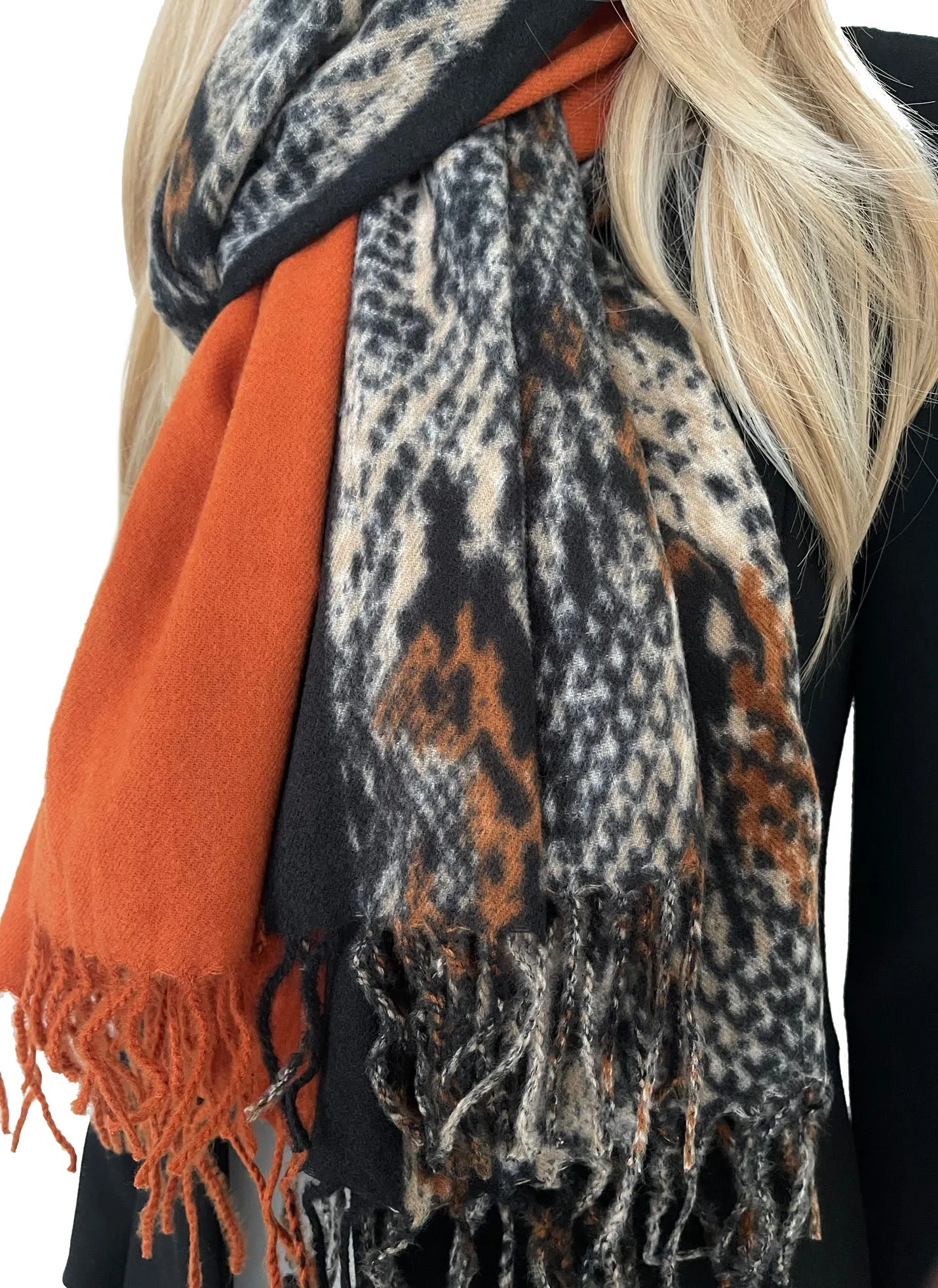 LARGE ORANGE FLEECE FEEL BLOCK PRINT SNAKESKIN SHAWL SCARF