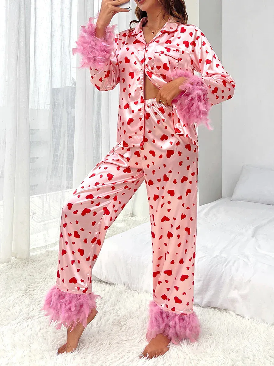 Long Sleeve Lapel Button Down Feather Sleepwear Satin Pajamas