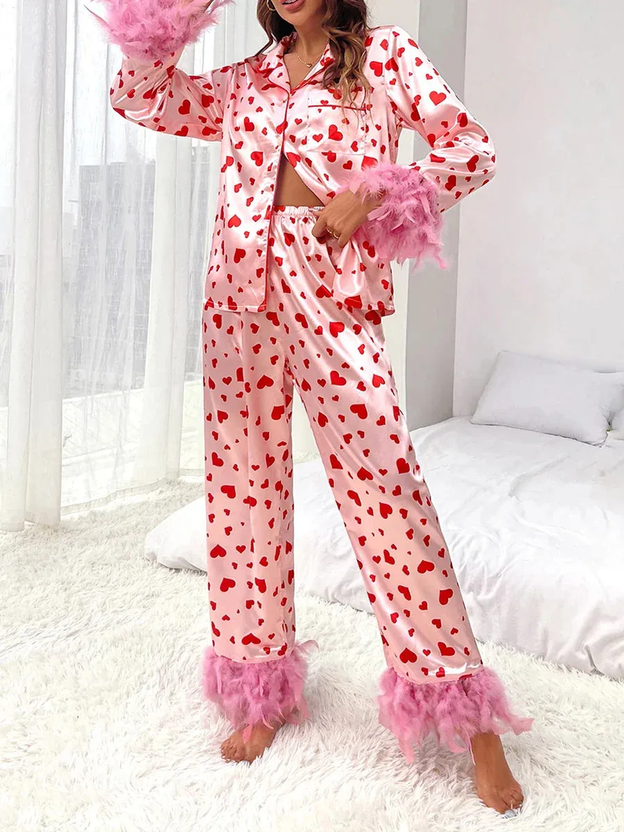 Long Sleeve Lapel Button Down Feather Sleepwear Satin Pajamas