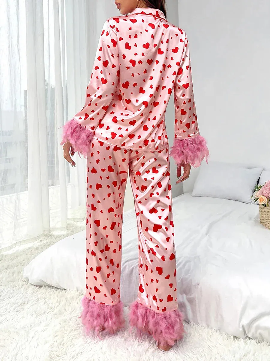 Long Sleeve Lapel Button Down Feather Sleepwear Satin Pajamas