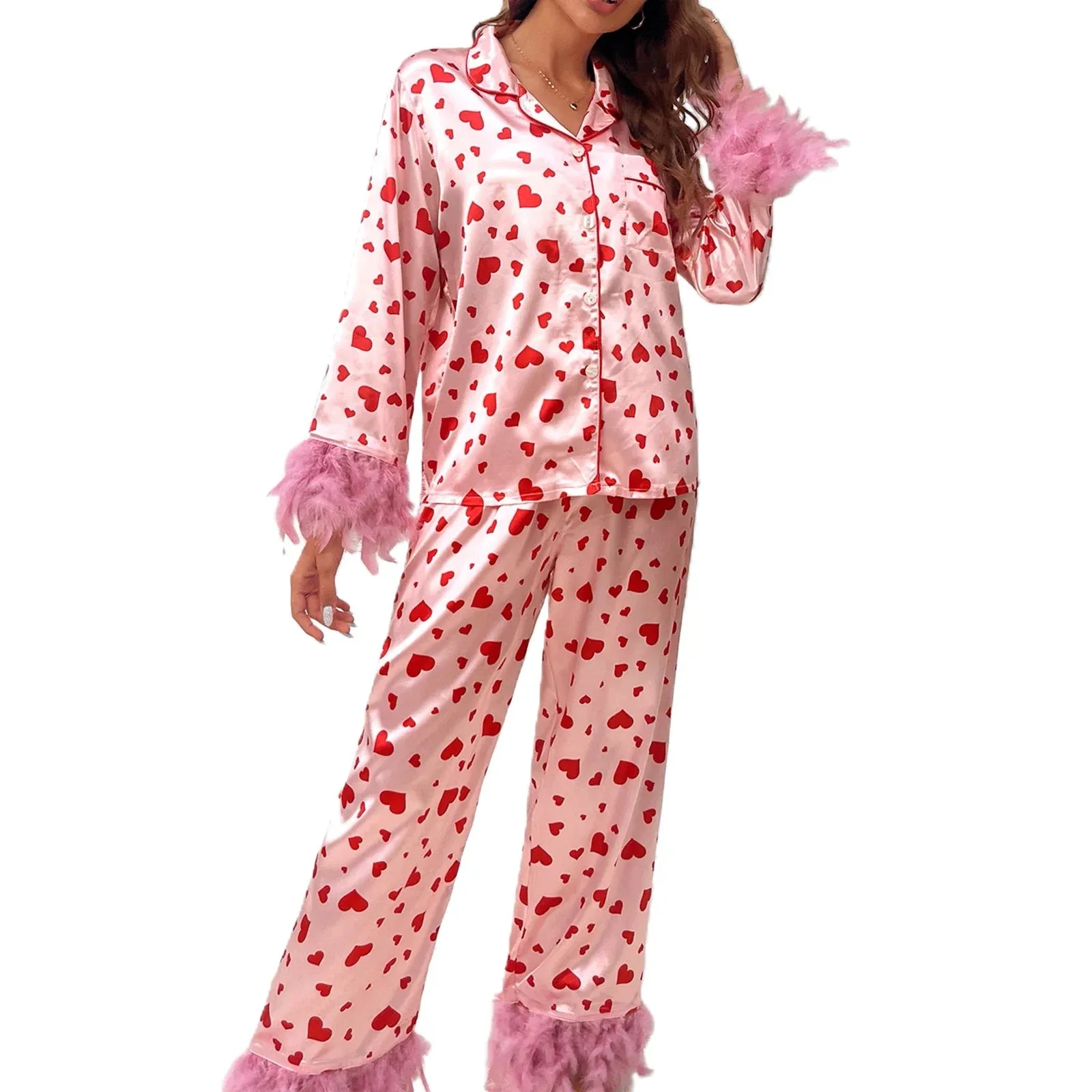 Long Sleeve Lapel Button Down Feather Sleepwear Satin Pajamas