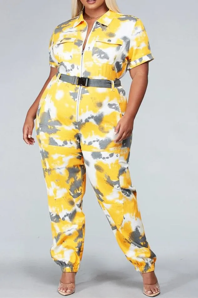 L'rev37 PRJS29004X Belted Tie dye PlusSize Jumpsuit