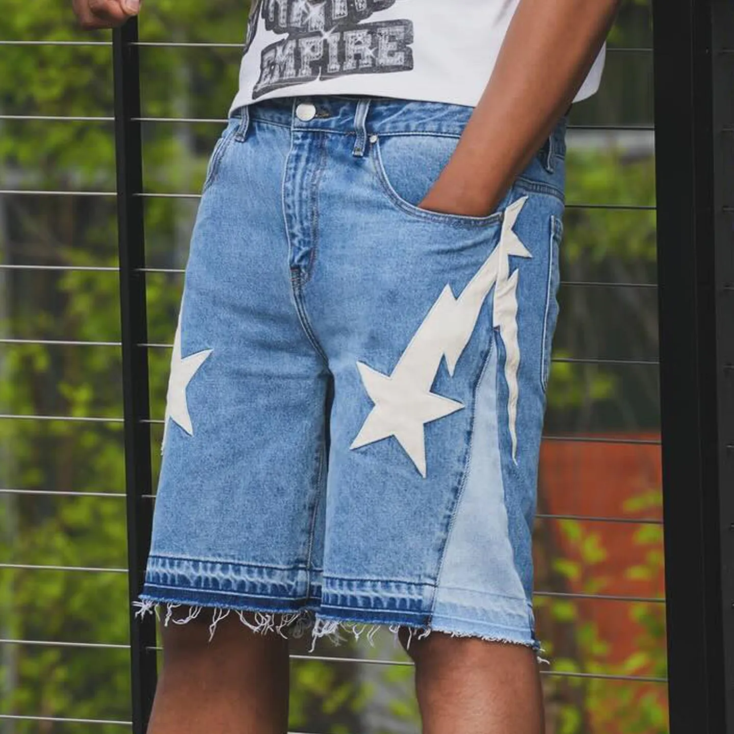 Lucky Star Casual Street Retro Stitching Short Denim