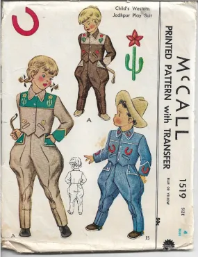 McCall 1519 Childs Western Cowboy Play Suit Jacket Vintage Sewing Pattern 1940s