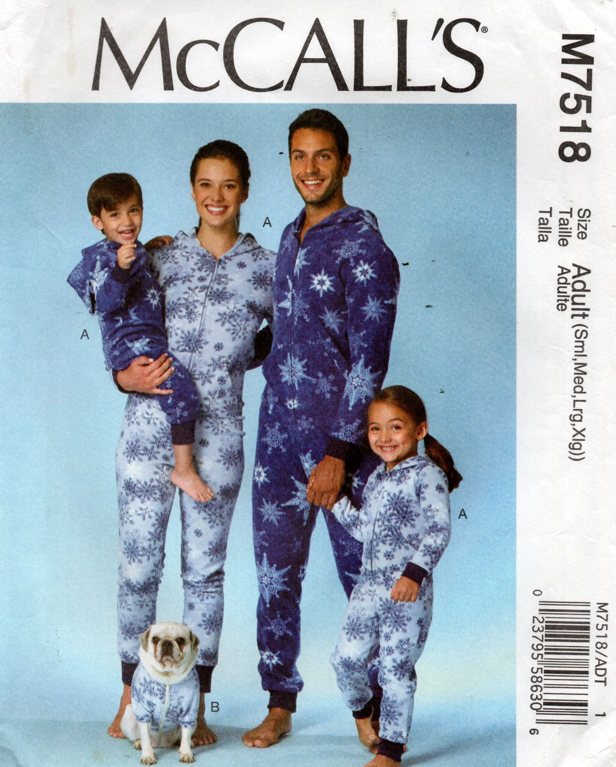 McCall's M7518 UNISEX Stretch Knit Sleep Jumpsuit & Dog Coat Sewing Pattern Size ADULT S - XL UNCUT Factory Folded