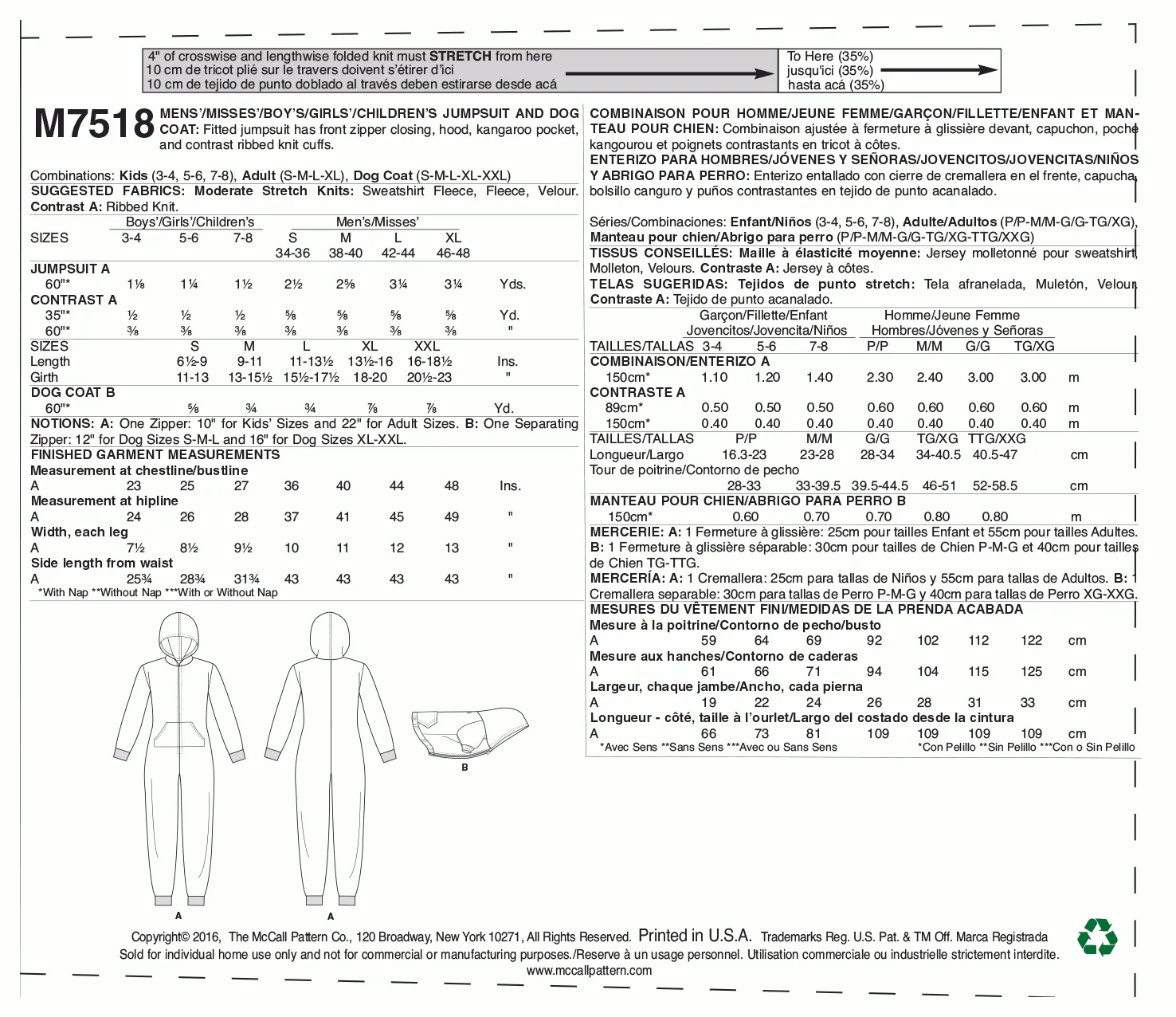 McCall's Pattern M7518 Men's/Misses'/Boys'/Girls'/Children's Hooded Jumpsuits and Dog Coat with Kangaroo Pocket