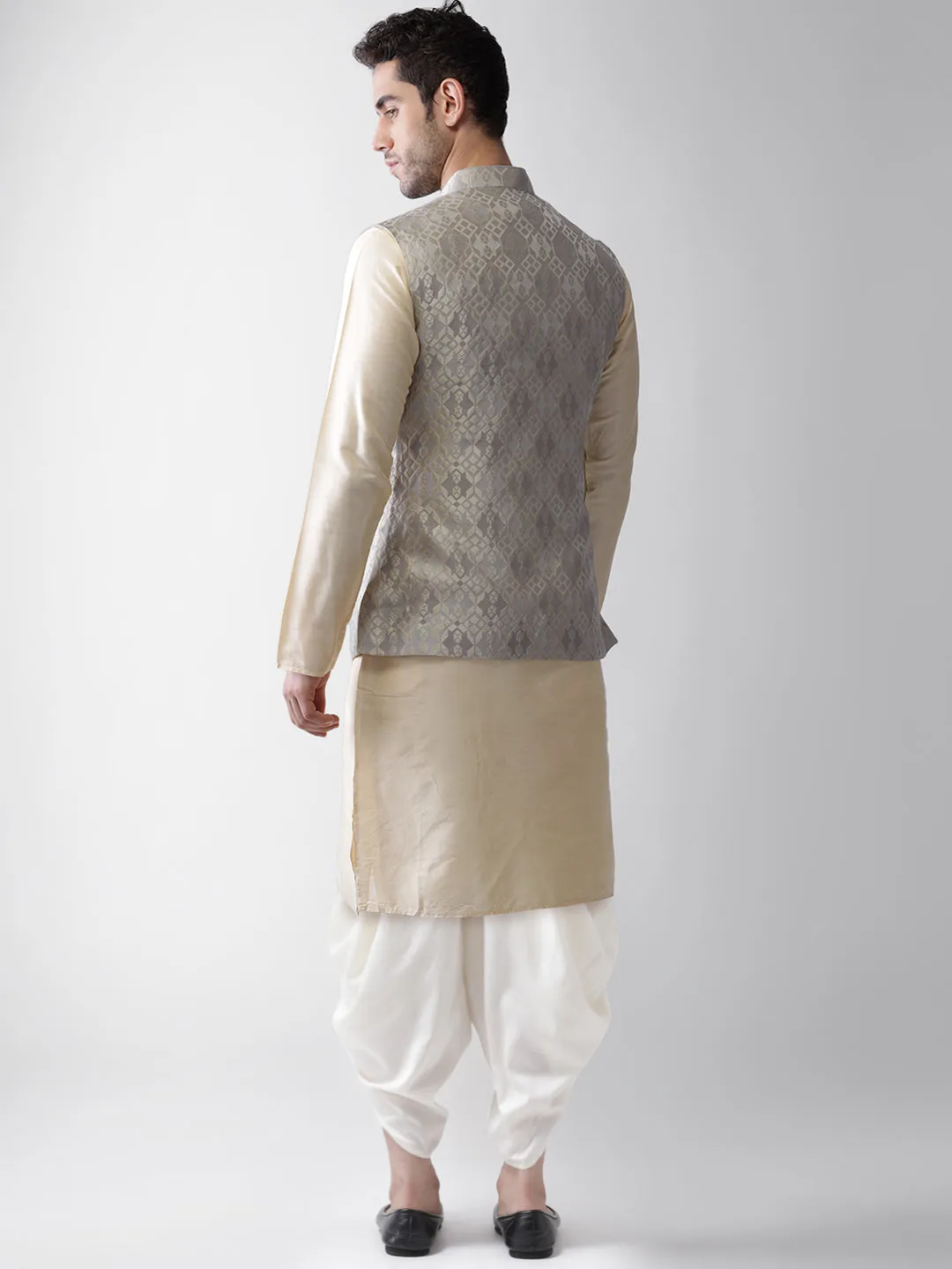 Men Grey Kurta Jacket Dhoti Set