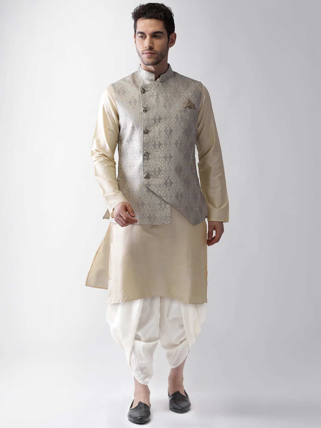 Men Grey Kurta Jacket Dhoti Set