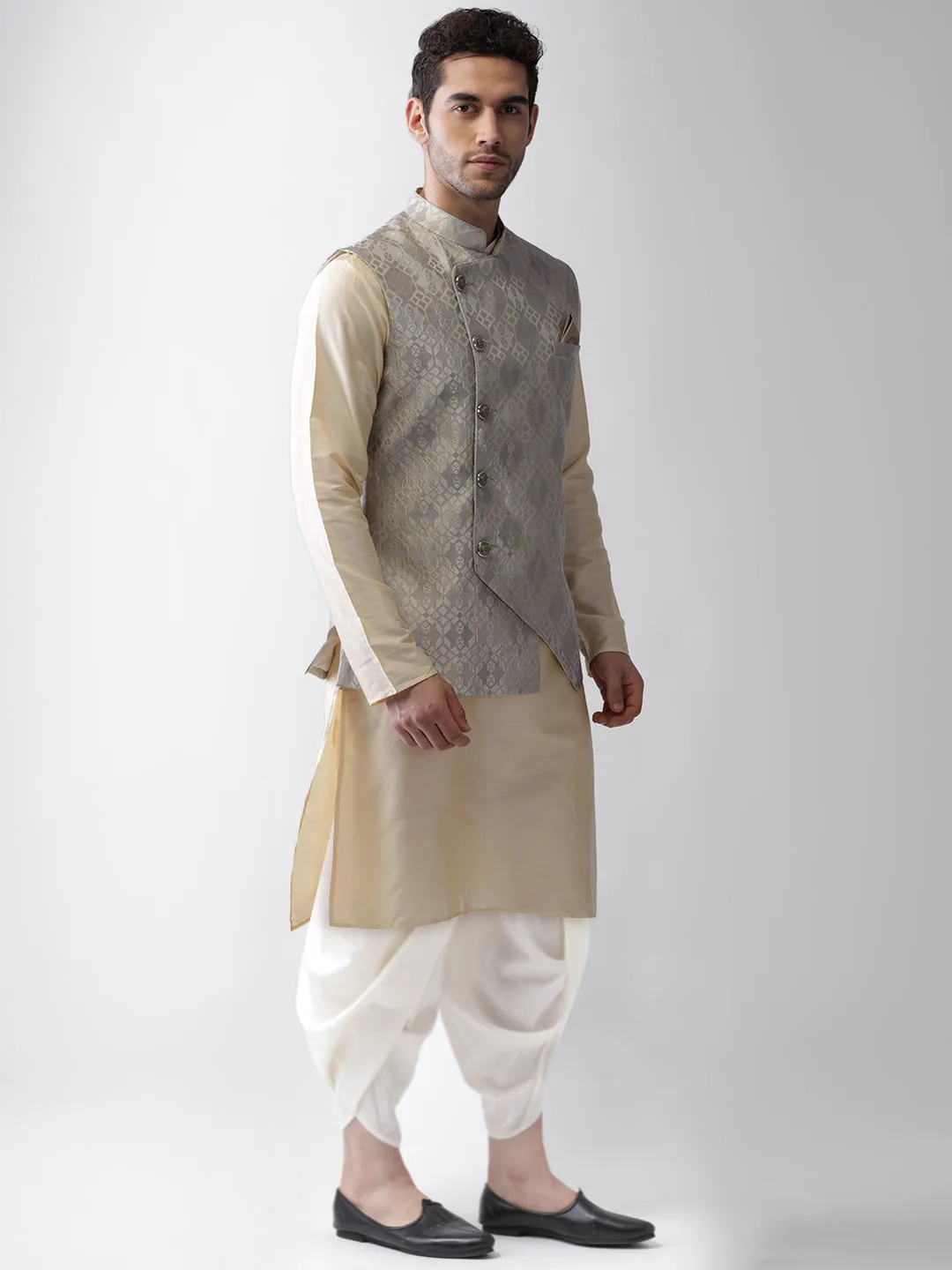 Men Grey Kurta Jacket Dhoti Set