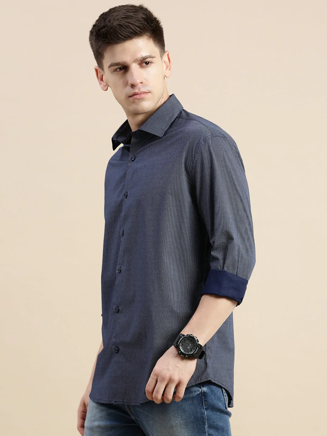 Men Navy Polka Dots Casual Shirt