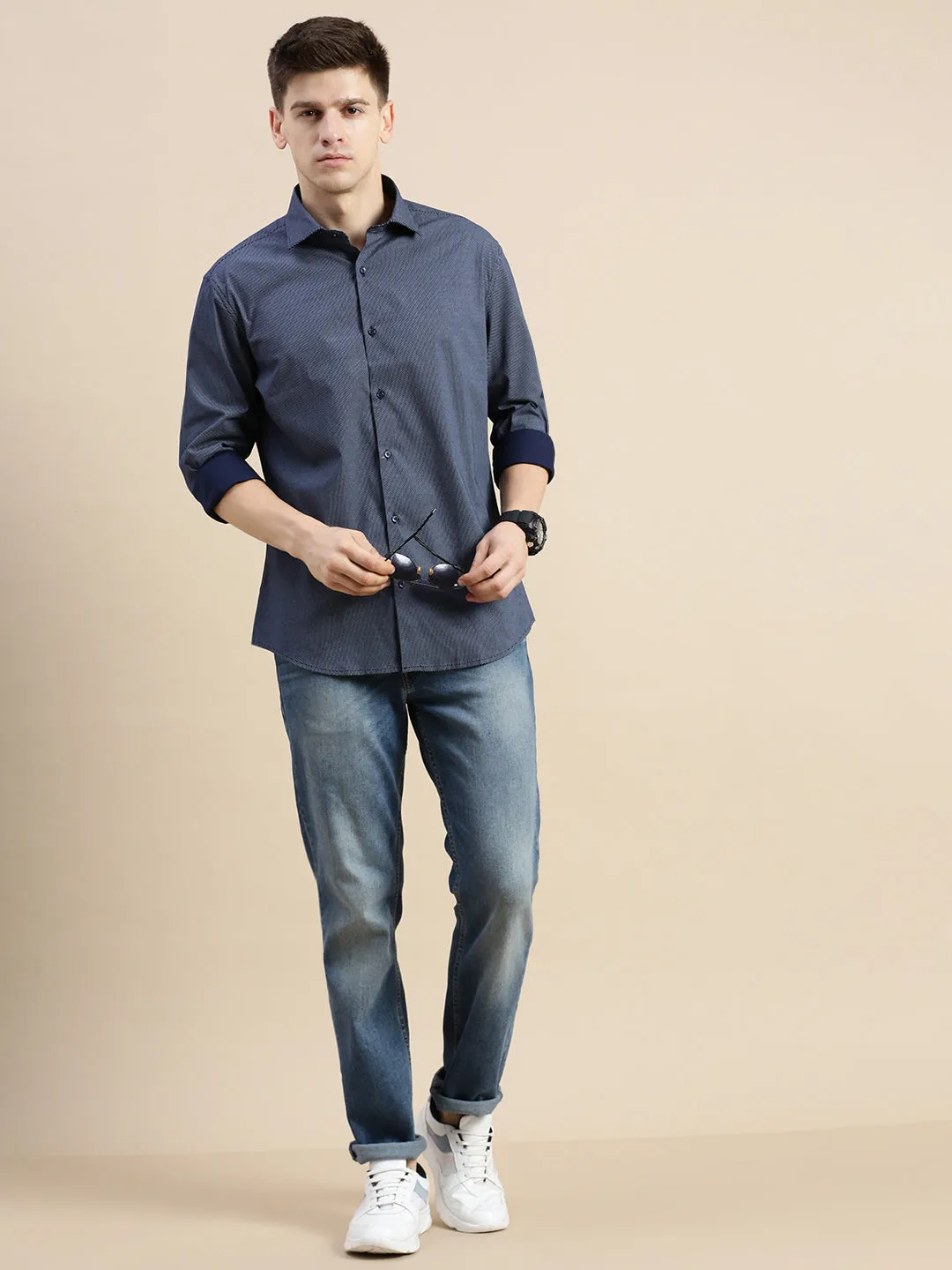 Men Navy Polka Dots Casual Shirt