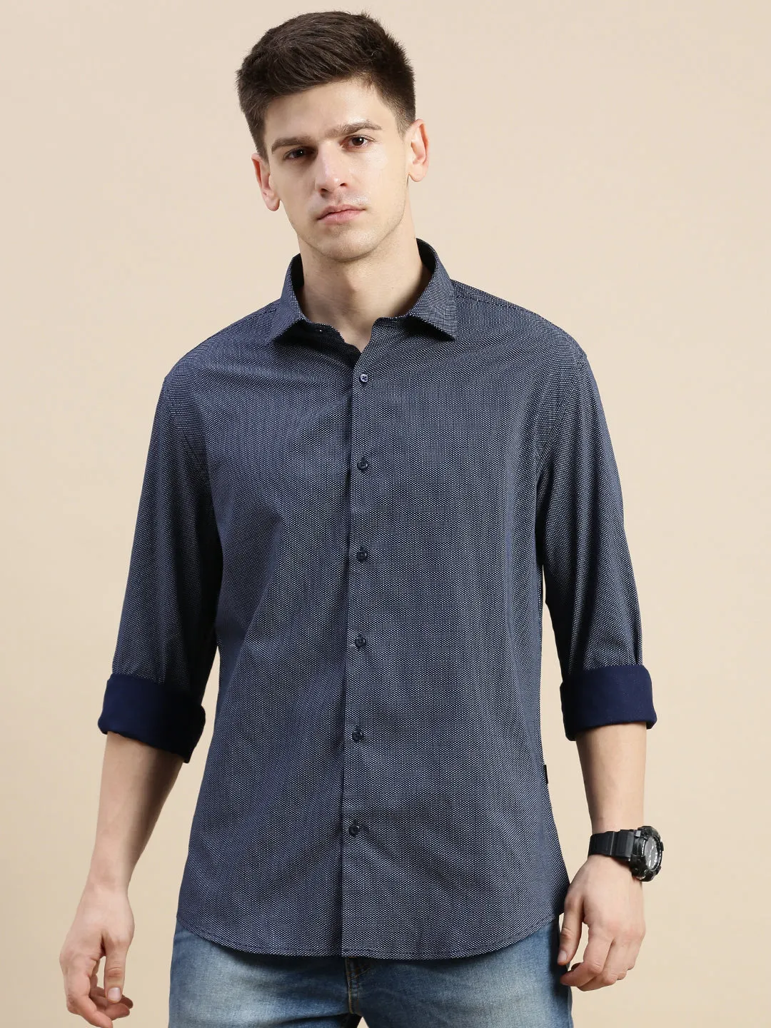 Men Navy Polka Dots Casual Shirt