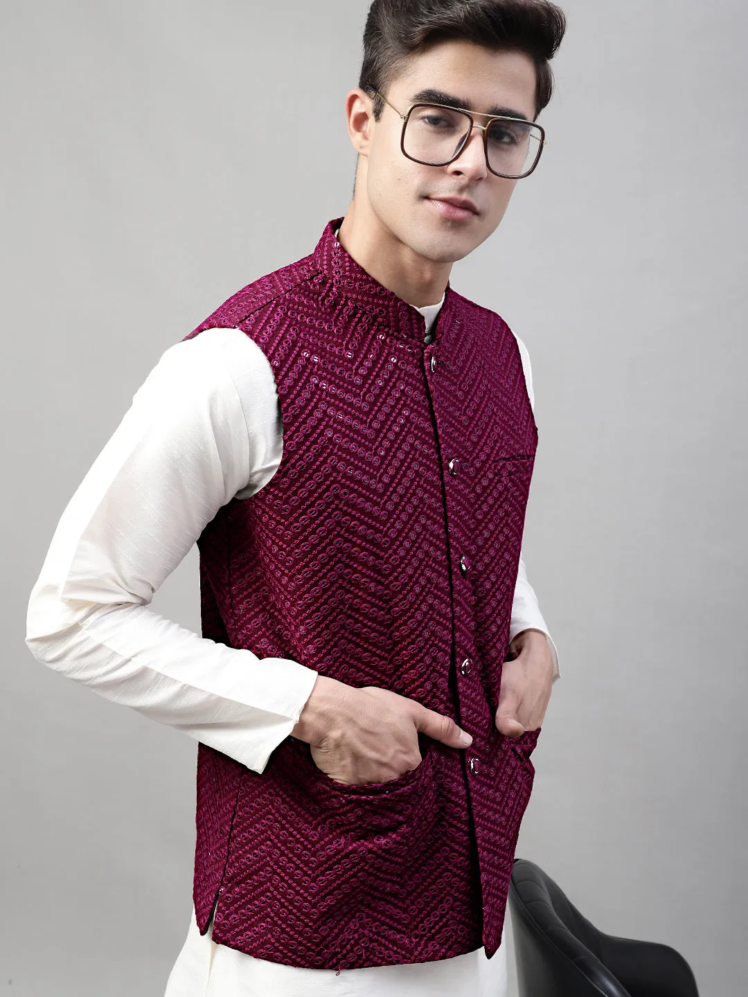 Men Sequins Embroidered Rayon Nehru Jacket