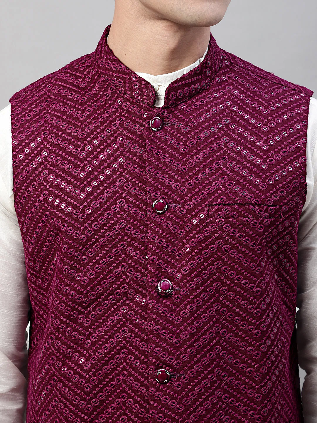 Men Sequins Embroidered Rayon Nehru Jacket