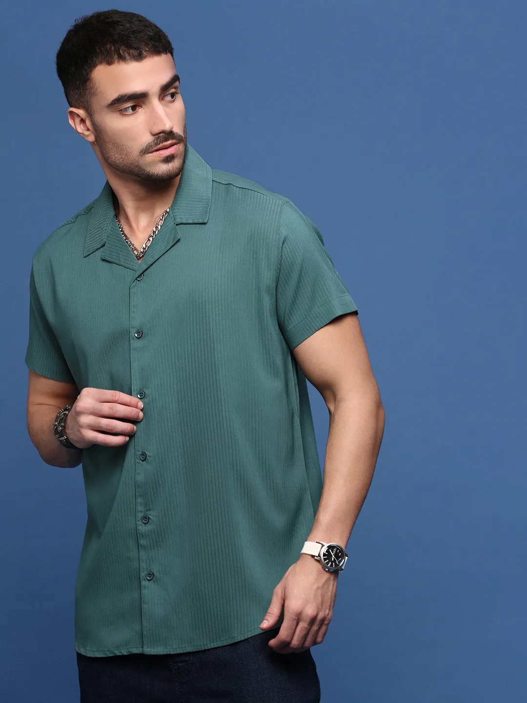 Men Teal Cuban Collar Shirt