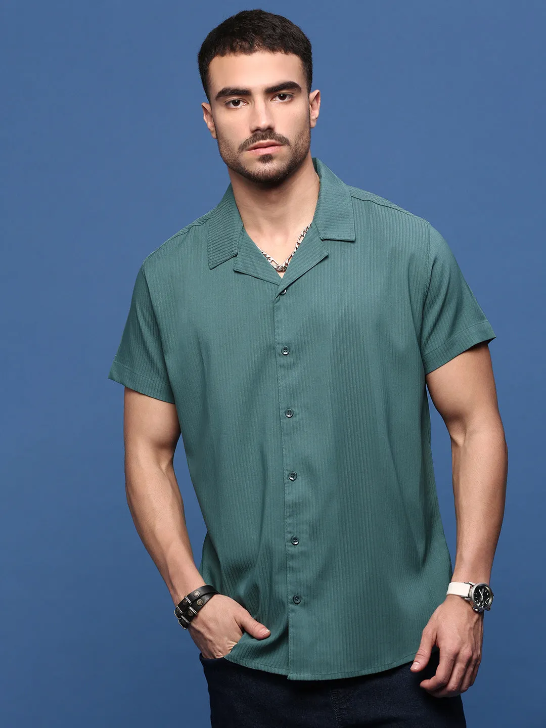 Men Teal Cuban Collar Shirt