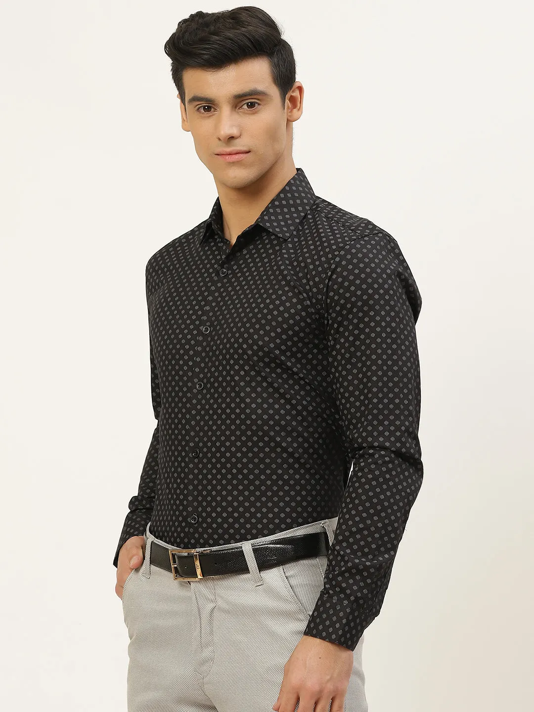 Mens Cotton Black & Grey Printed Formal Shirt - Sojanya