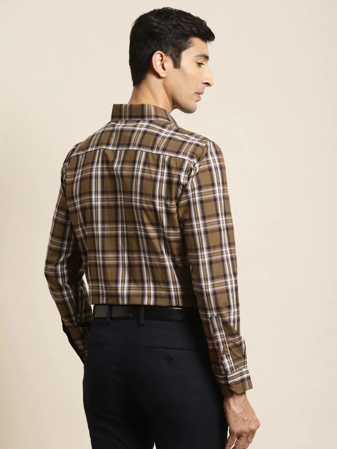 Men's Cotton Brown & White Check Formal Shirt - Sojanya