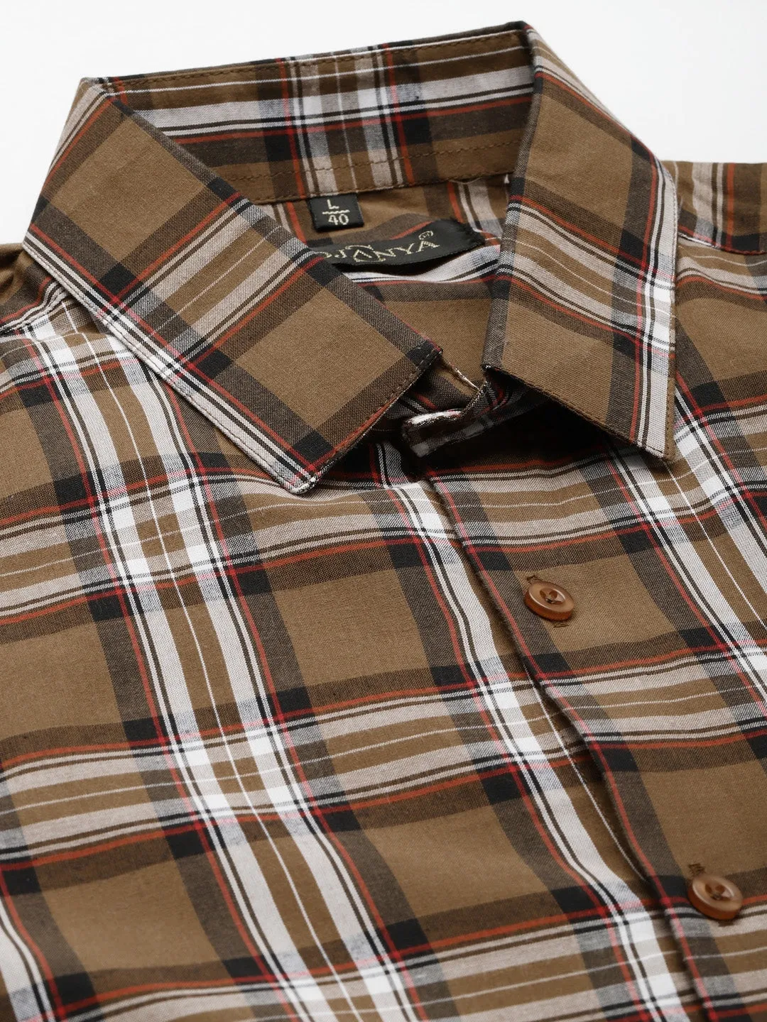 Men's Cotton Brown & White Check Formal Shirt - Sojanya