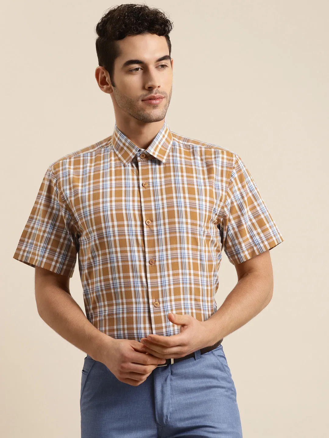 Men's Cotton Mustard & White Half sleeves Casual Shirt