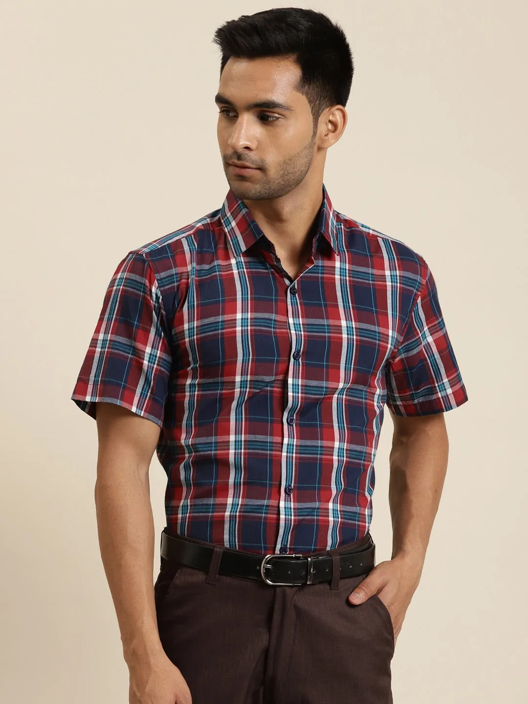 Men's Cotton Red Half sleeves Formal Shirt - Sojanya