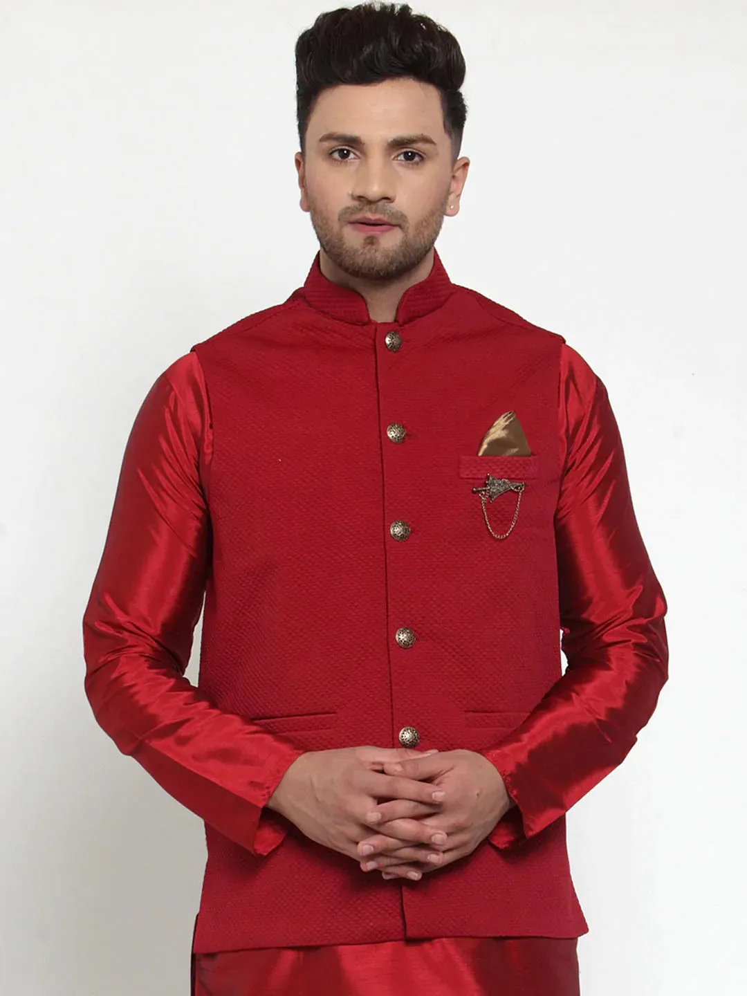 Men'S Maroon Woven Nehru Jacket