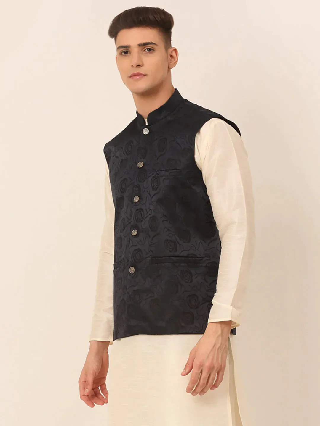 Men'S Navy & Black Embossed Nehru Jacket