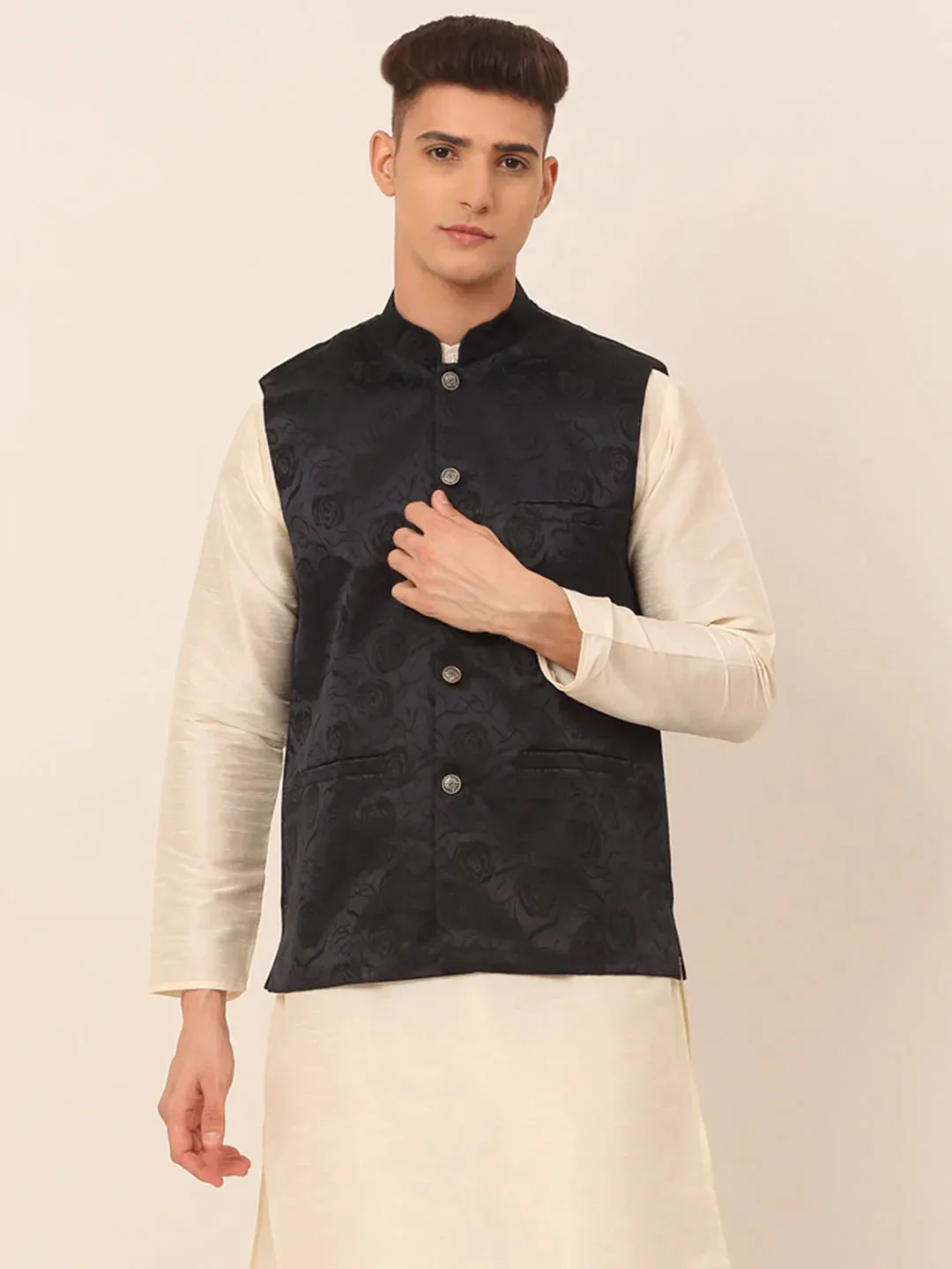 Men'S Navy & Black Embossed Nehru Jacket